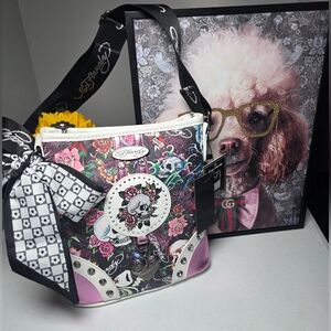 Ed Hardy Floral Skull Crossbody Shoulder Bag, Metal Heart Shaped Hang Tag, NWT